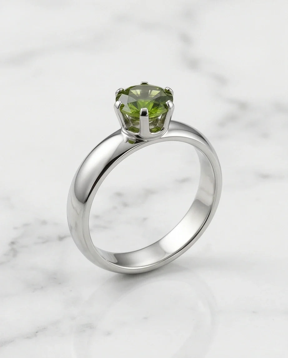 Sterling Silver Round-Cut Olive Green Solitaire Ring