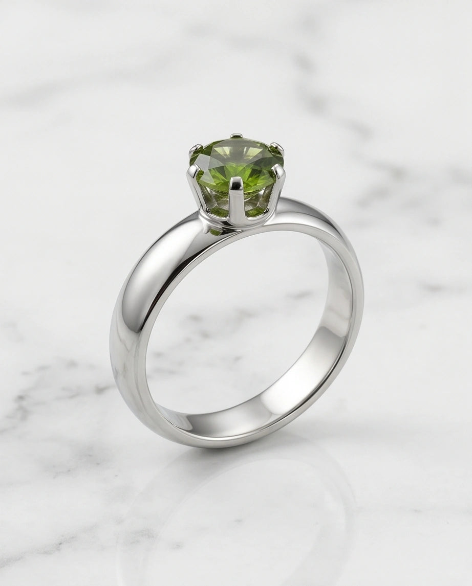 Sterling Silver Round-Cut Olive Green Solitaire Ring
