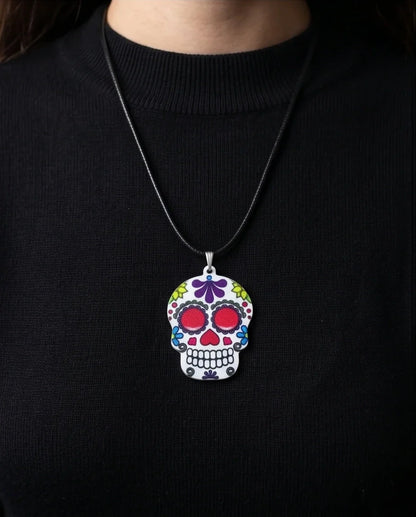 Vibrant Sugar Skull Día de los Muertos Pendant Necklace