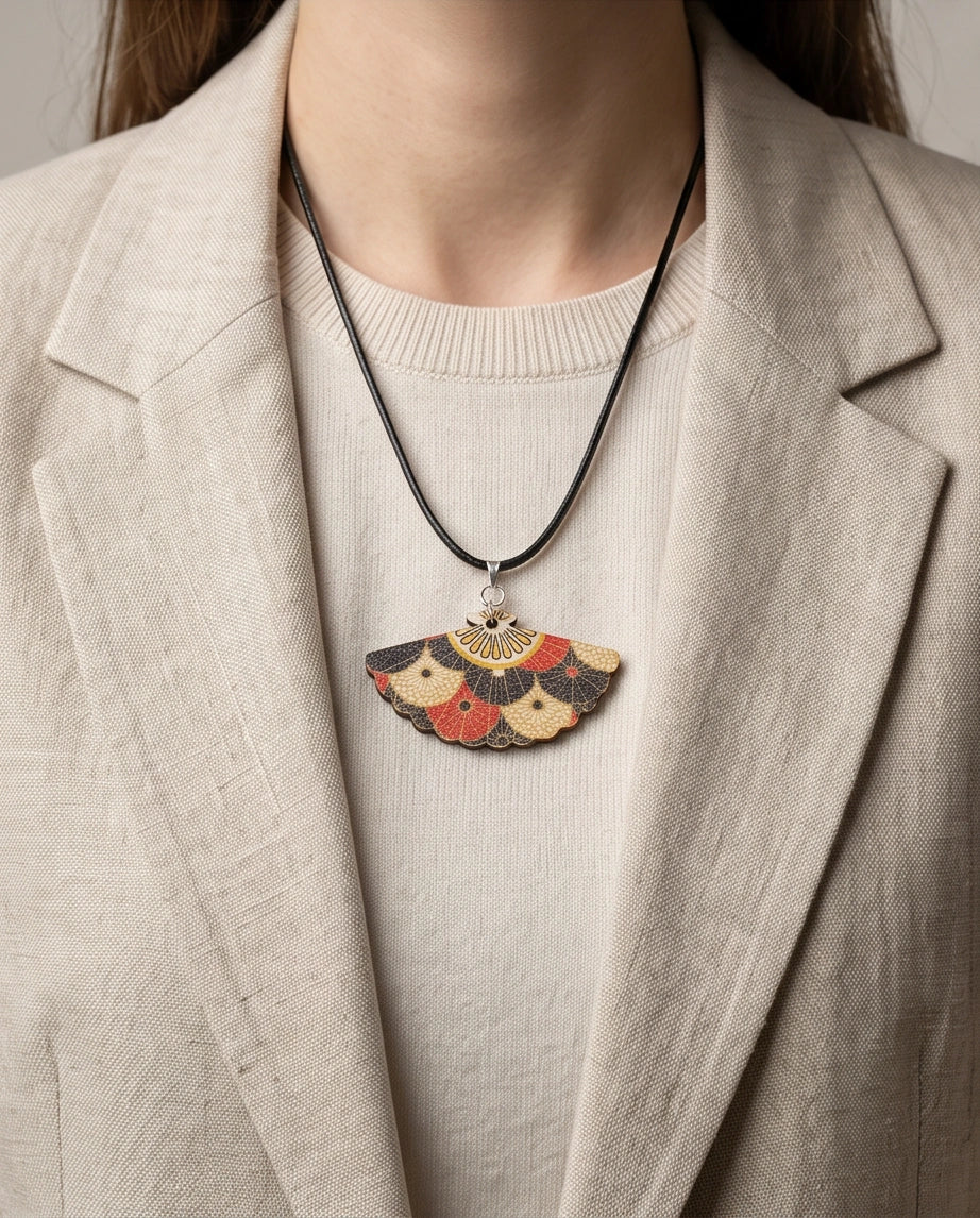 Vintage Geometric Kimono Hand-Fan Pendant Necklace
