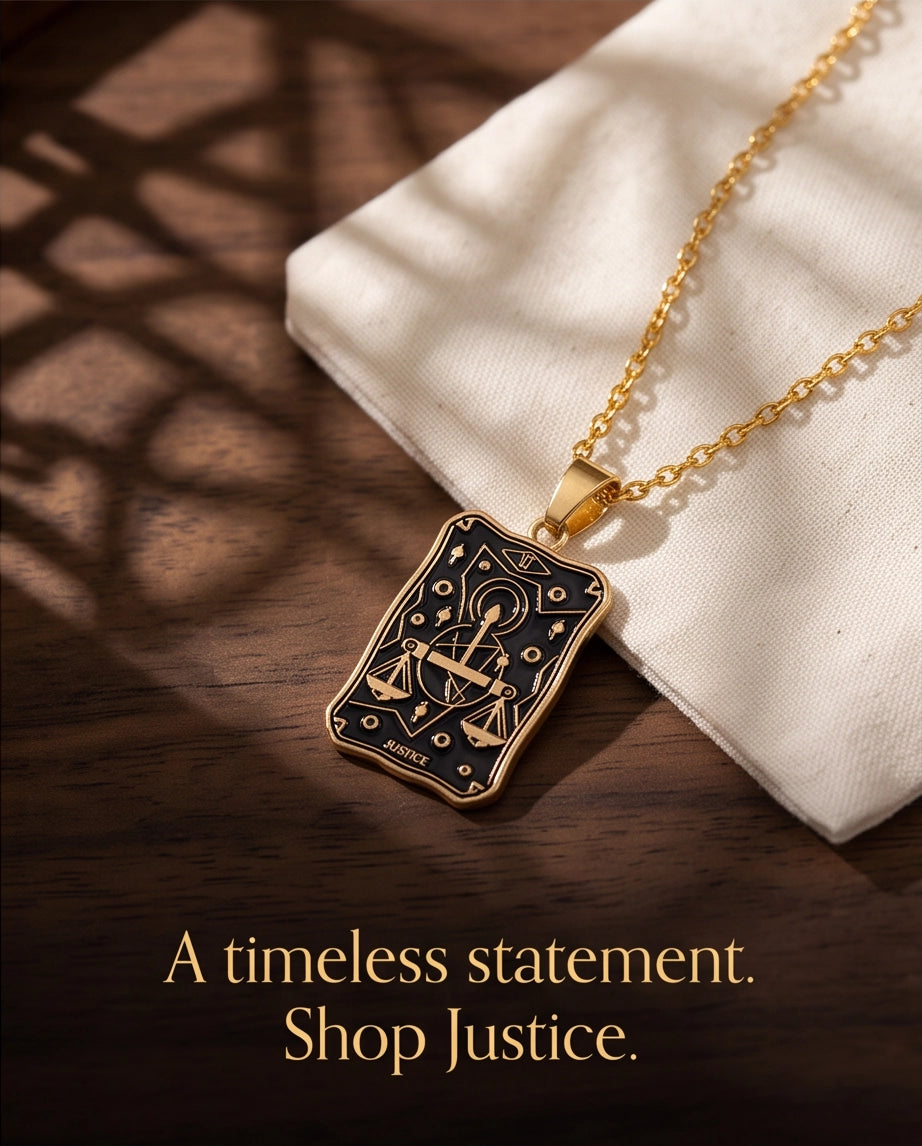 Gold "Justice" Tarot Card Pendant Necklace
