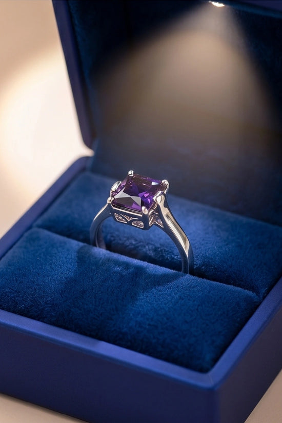Sterling Silver Deep Amethyst Princess Cut Solitaire Ring