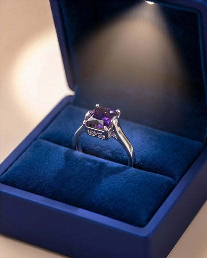Sterling Silver Deep Amethyst Princess Cut Solitaire Ring