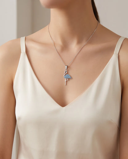 Silver Blue Crystal Paved Flamingo Pendant Necklace