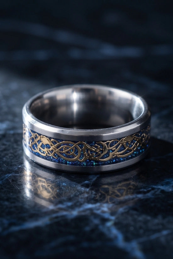 Blue Glitter Celtic Dragon Knot Band Ring