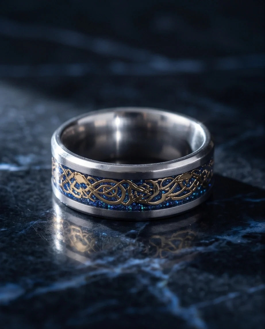 Blue Glitter Celtic Dragon Knot Band Ring