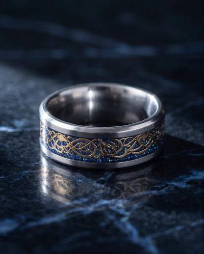 Blue Glitter Celtic Dragon Knot Band Ring