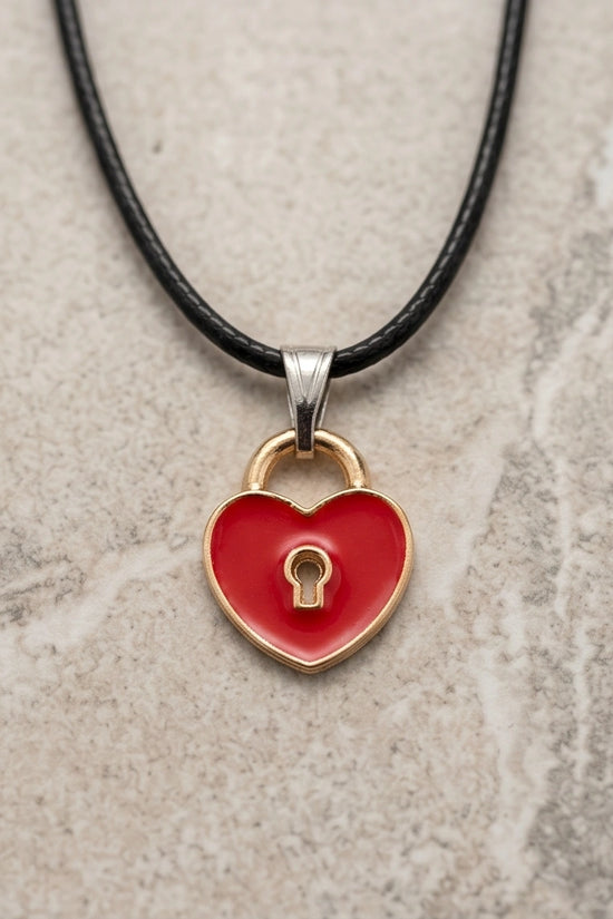 Gold and Red Heart Padlock Necklace