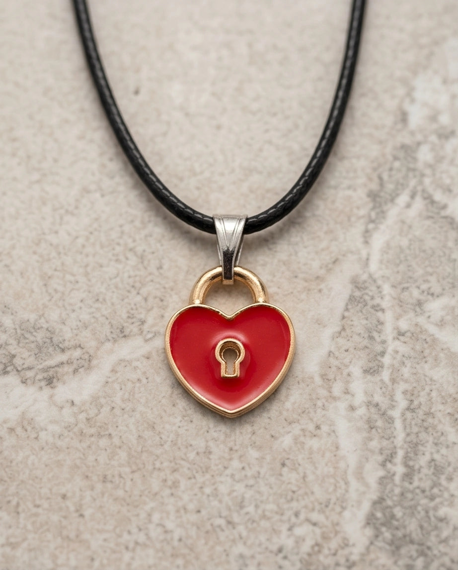 Gold and Red Heart Padlock Necklace