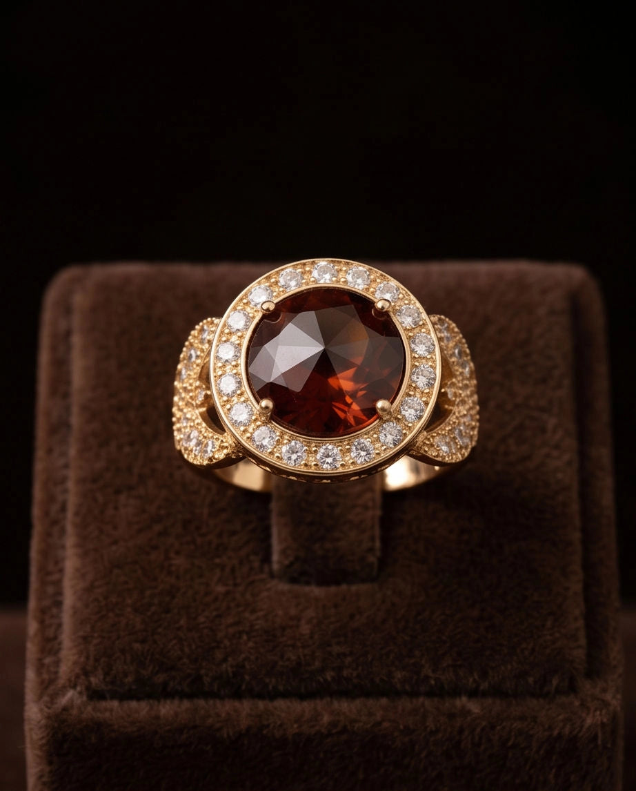Gold Crimson Garnet Halo Vintage Ring