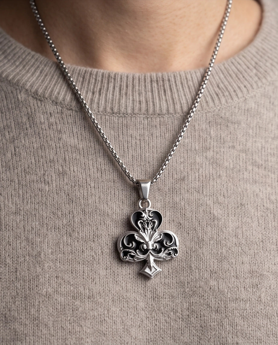 Silver Filigree Ace of Clubs Pendant Necklace