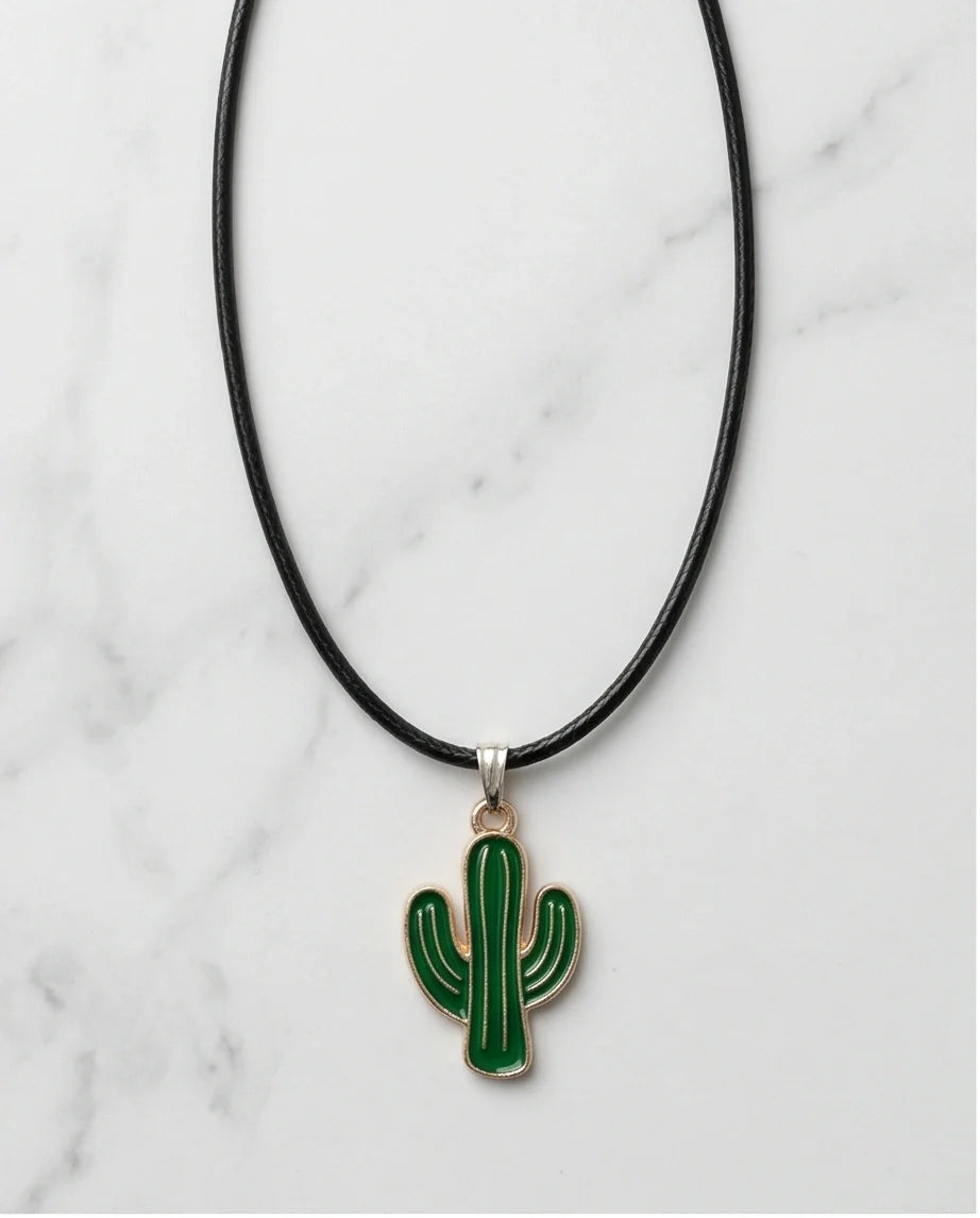 Gold and Green Cactus Pendant Necklace