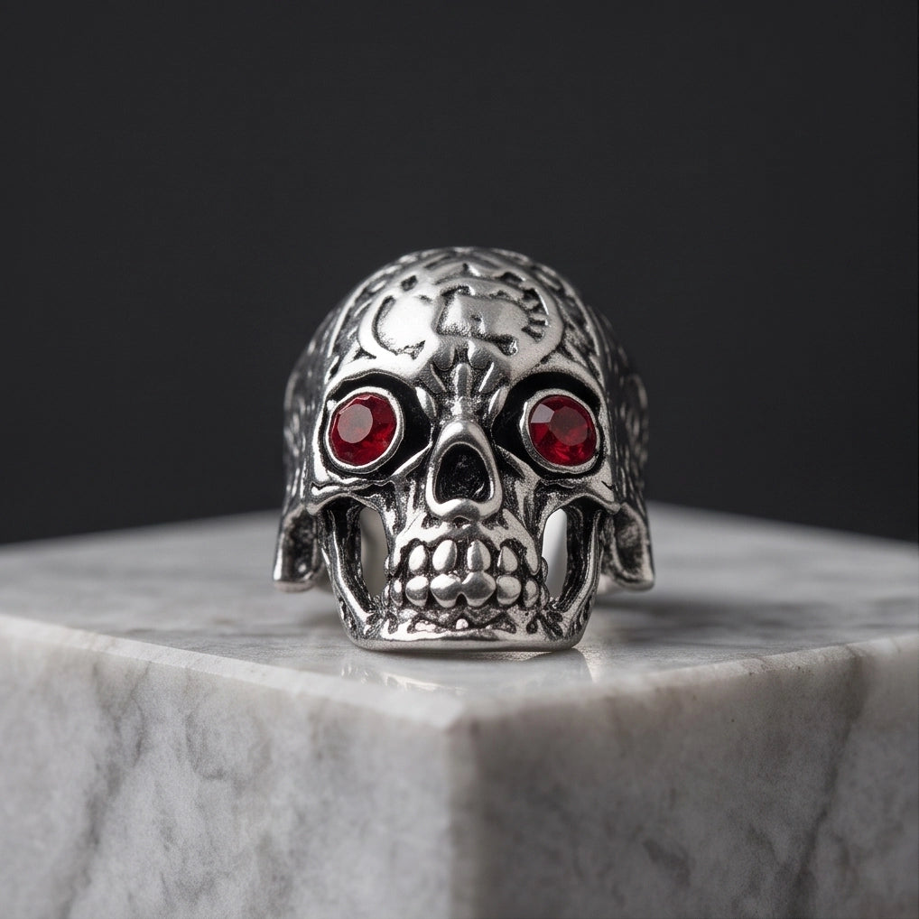 Ruby-Eyed Filigree Skull Ring