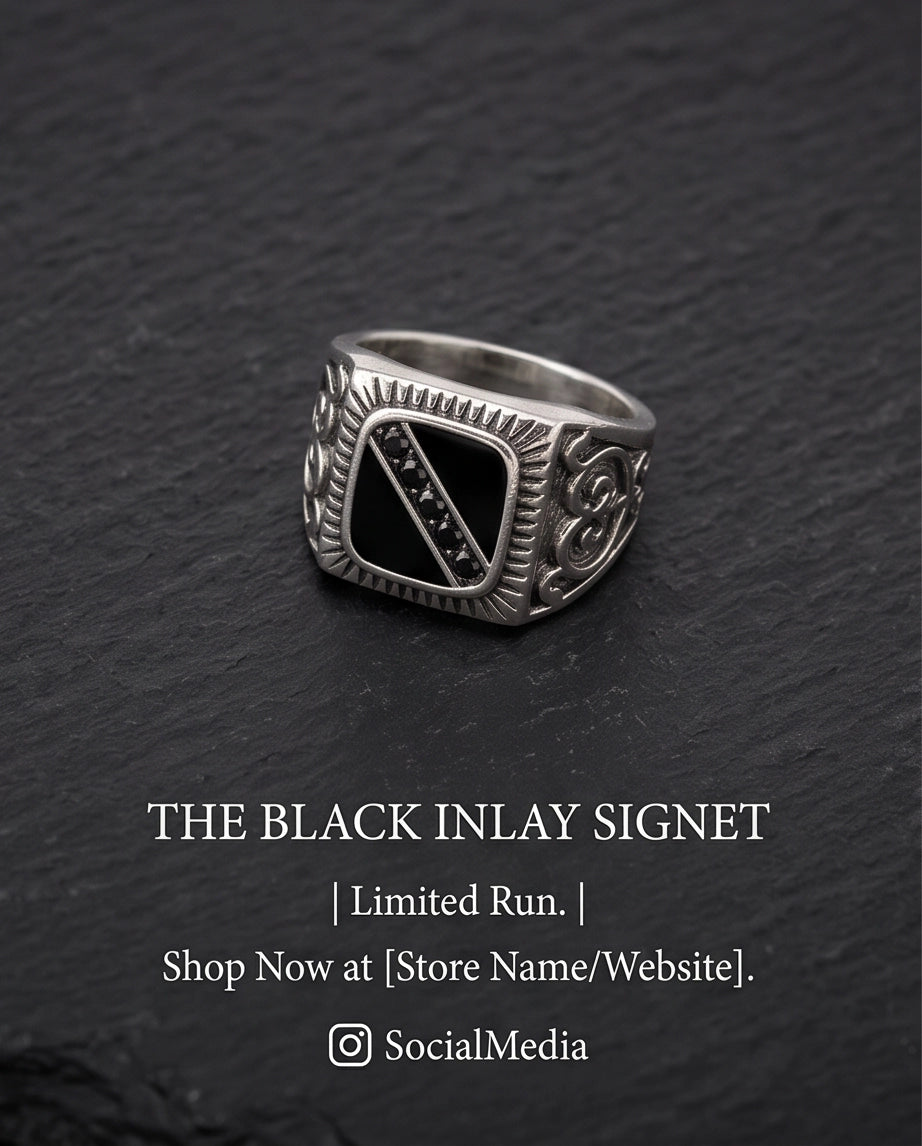 Dark-Stone Channel Inlay Filigree Scroll Silver Ring
