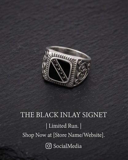 Dark-Stone Channel Inlay Filigree Scroll Silver Ring