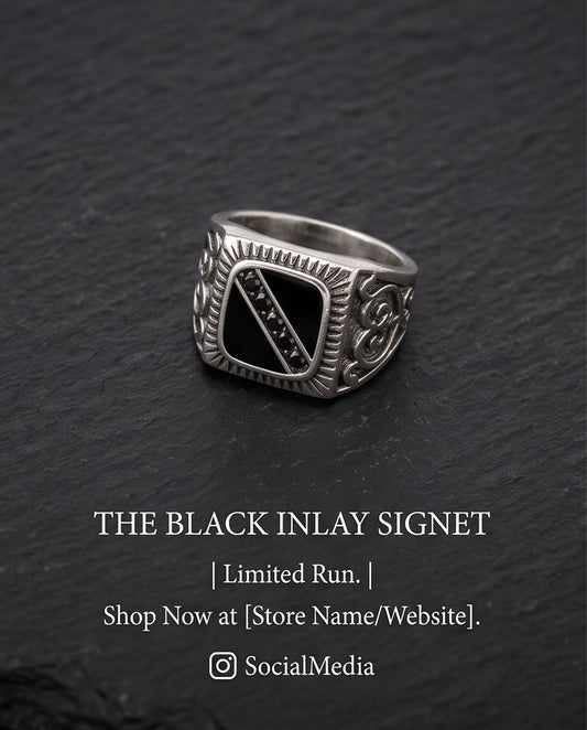 Dark-Stone Channel Inlay Filigree Scroll Silver Ring