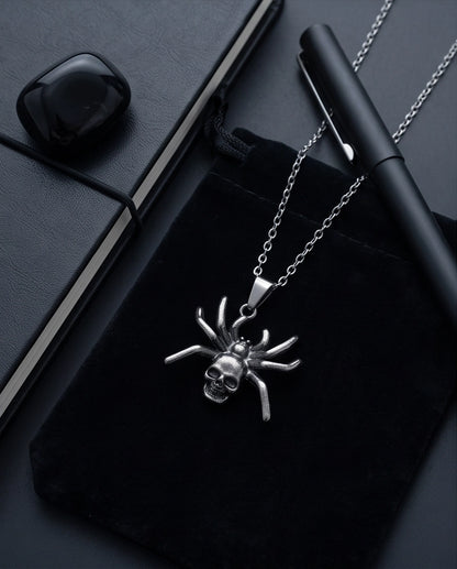 Black Spider Skull Motif Pendant Necklace