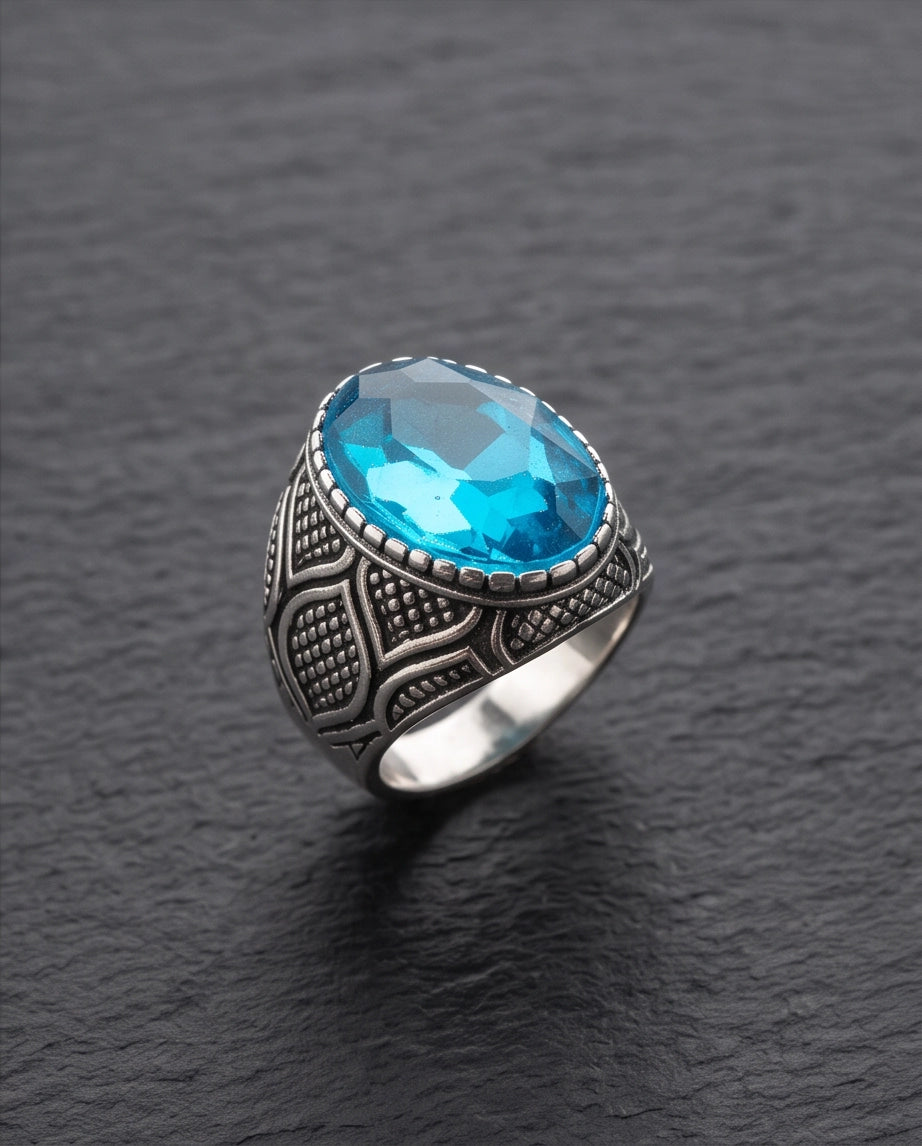 Aquamarine Gemstone Beaded Bezel Lattice Silver Ring
