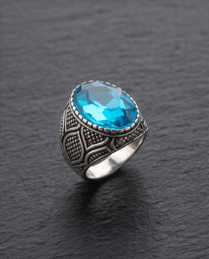 Aquamarine Gemstone Beaded Bezel Lattice Silver Ring