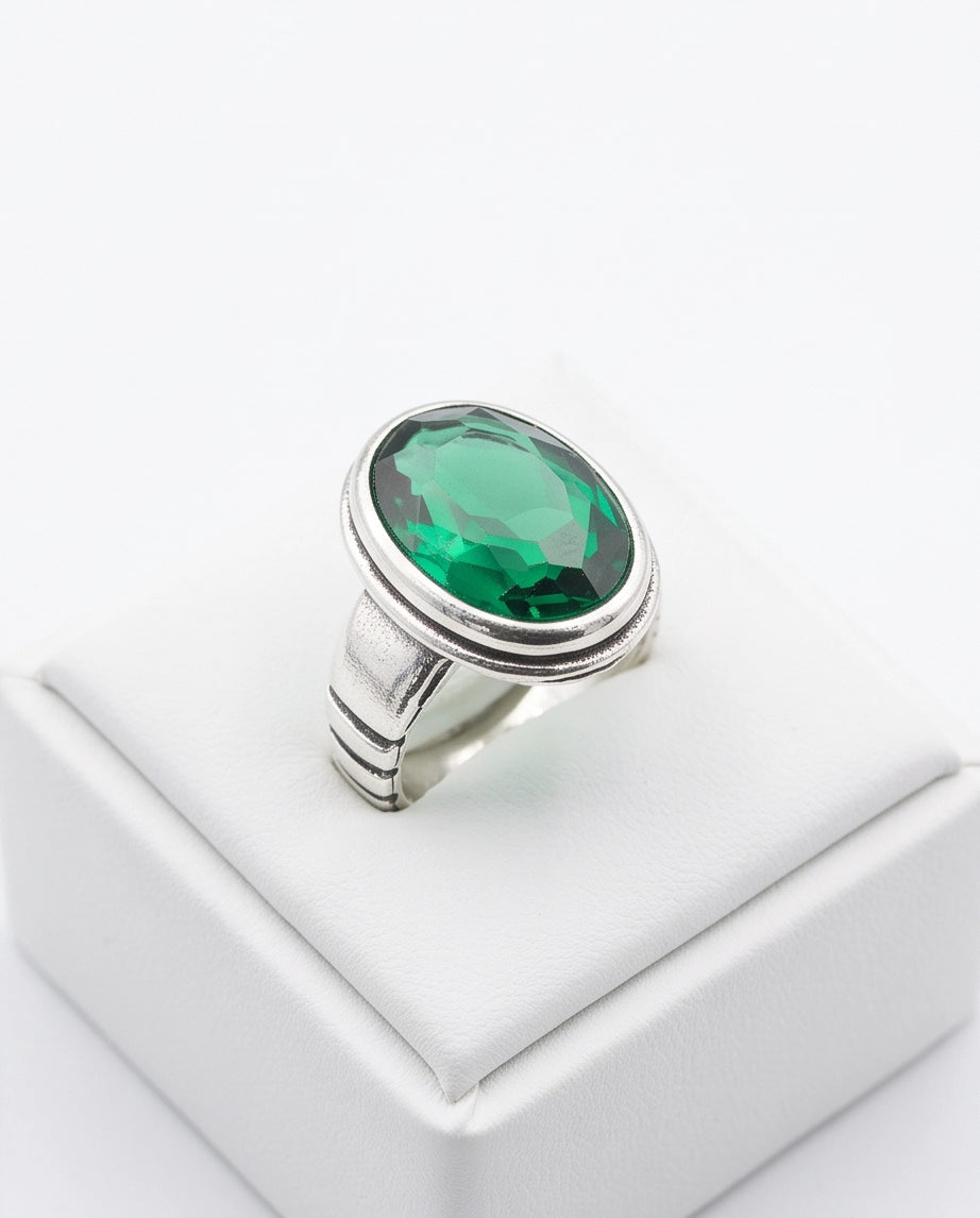 Emerald Gemstone Double Oval Bezel Minimalist Silver Ring