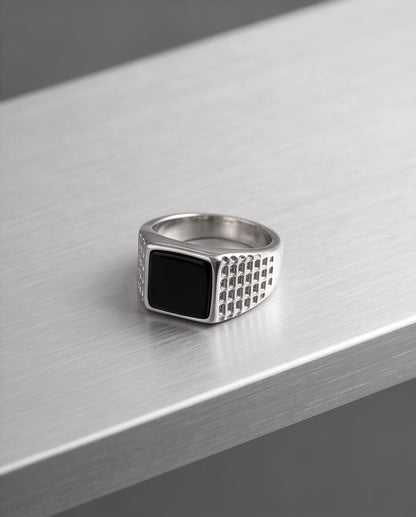 Onyx-Style Square Inlay Brick-Link Band Silver Ring
