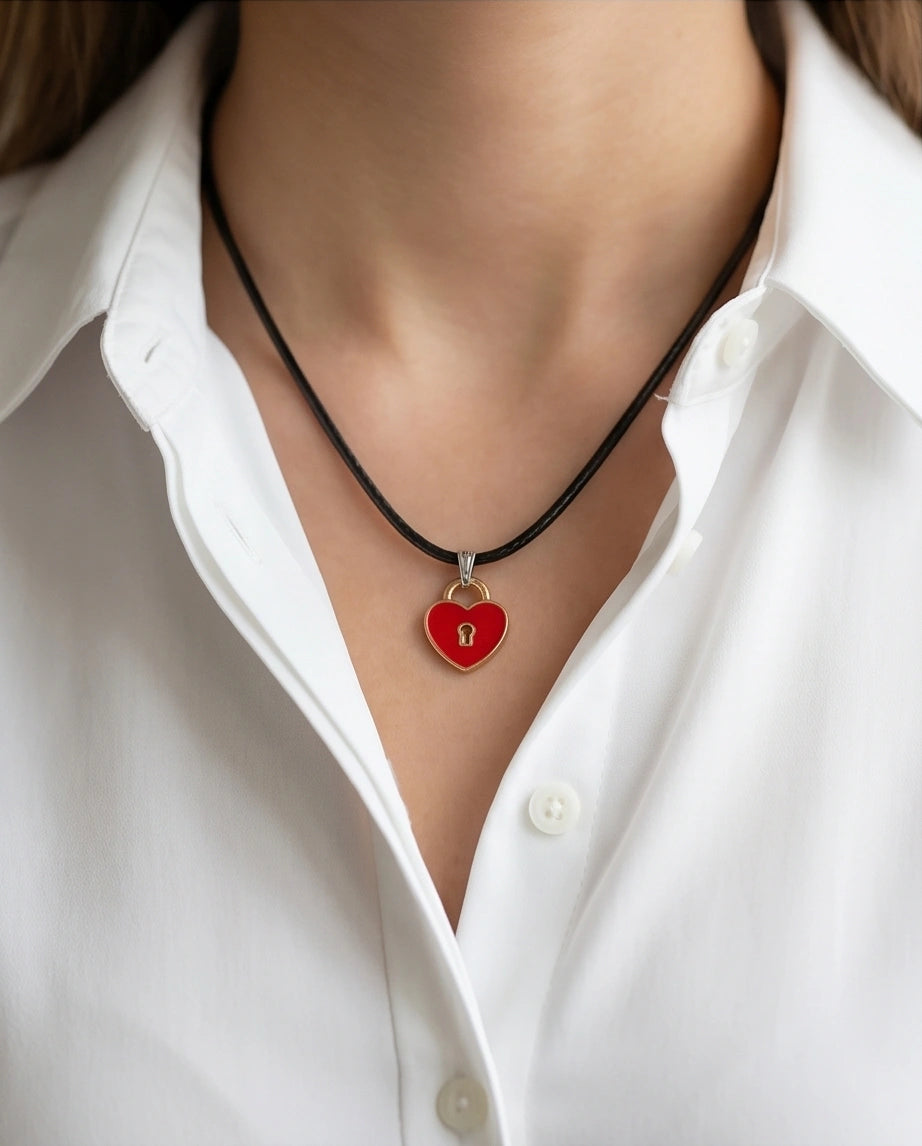Gold and Red Heart Padlock Necklace