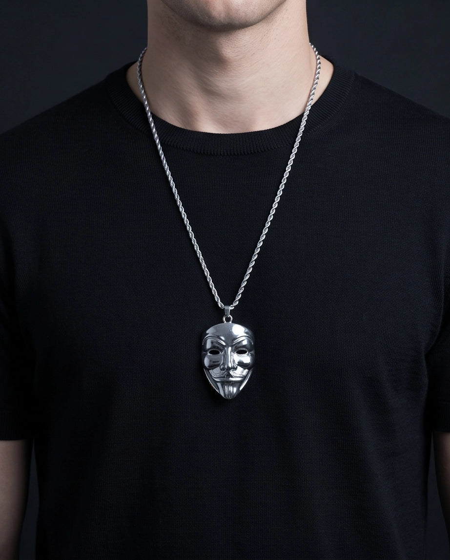 Silver Guy Fawkes Mask Rope Chain Necklace