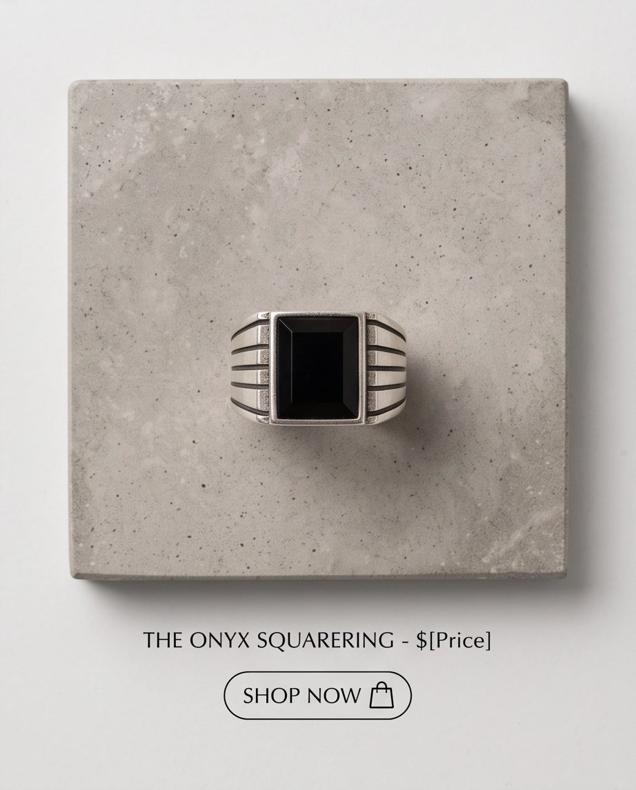 Pyramid Cut Onyx-Style Fluted Shoulder Silver Ring