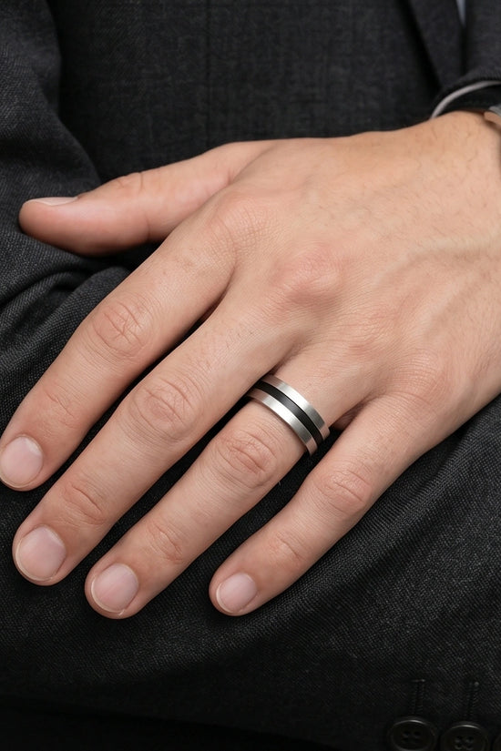 Minimalist Dual-Tone Silver and Black Band Ring