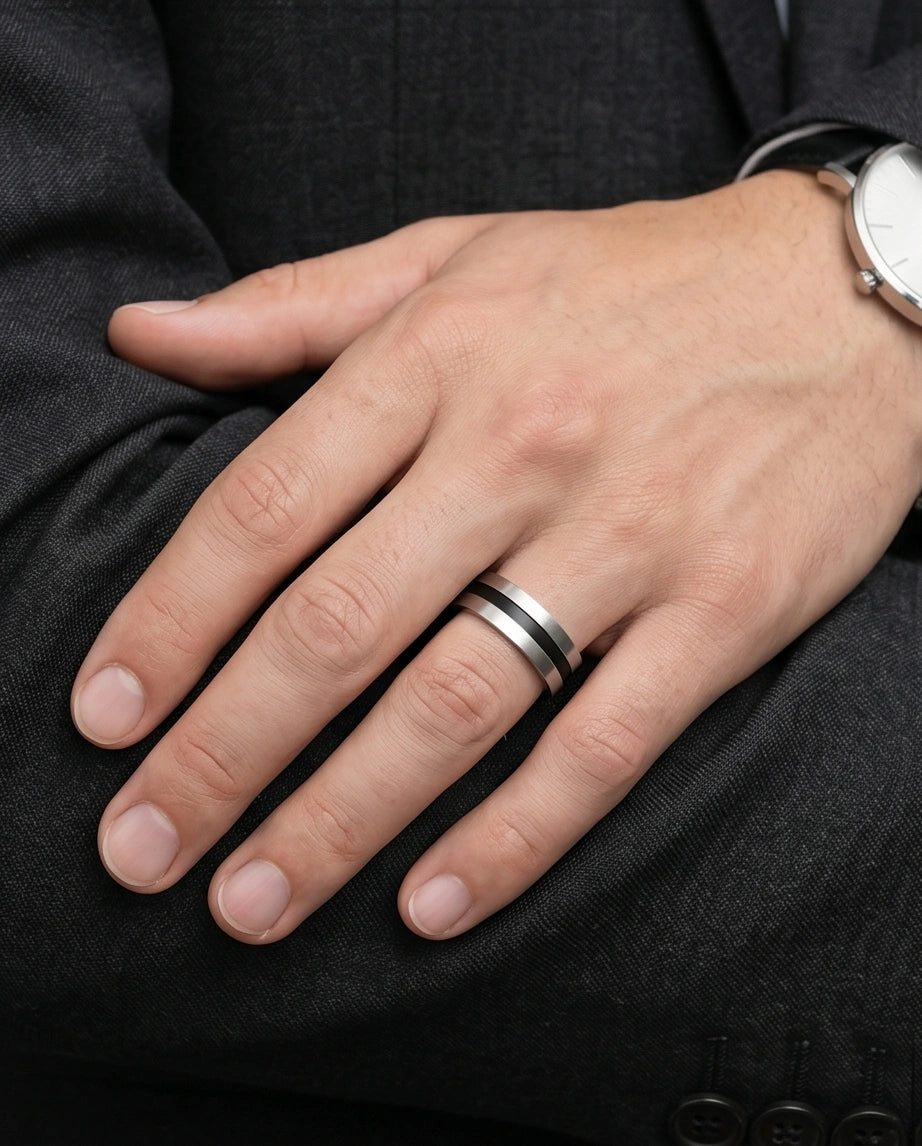 Minimalist Dual-Tone Silver and Black Band Ring