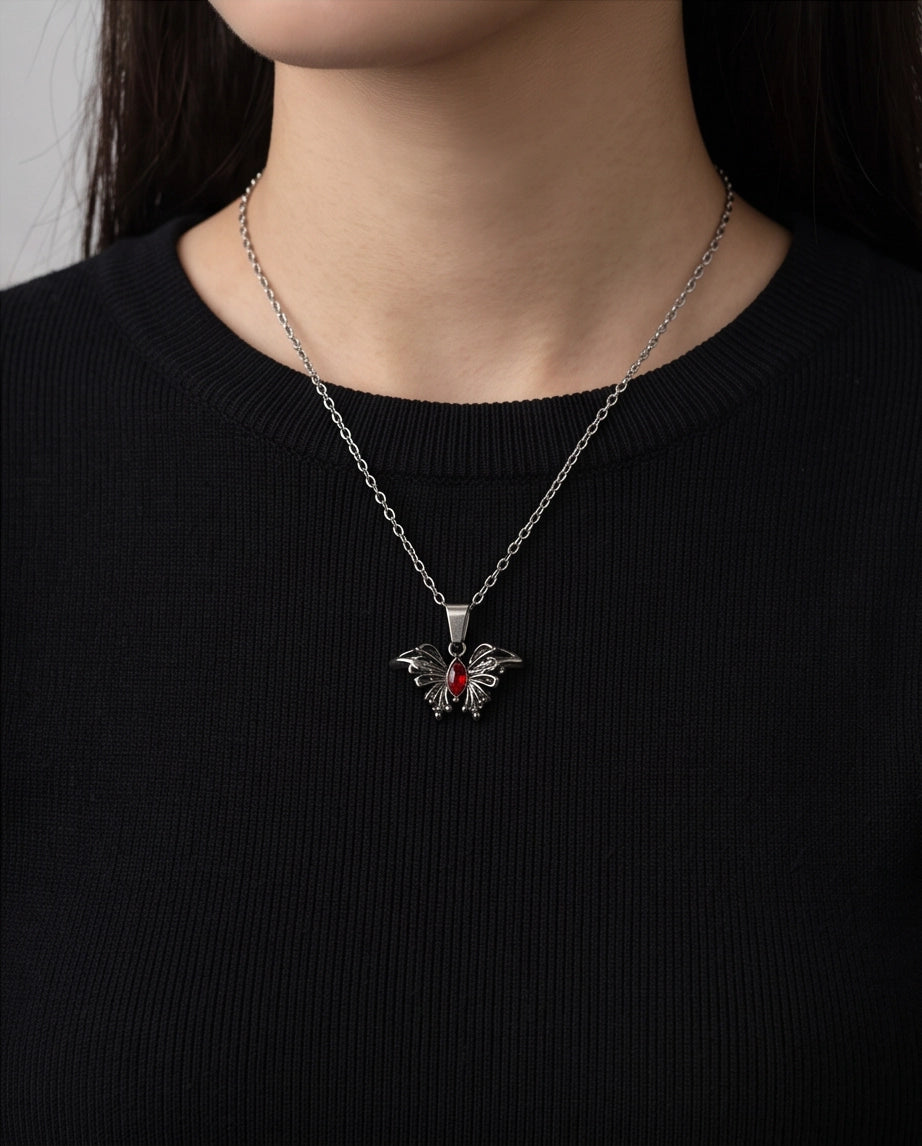 Black Gothic Butterfly Red Gem Pendant Necklace