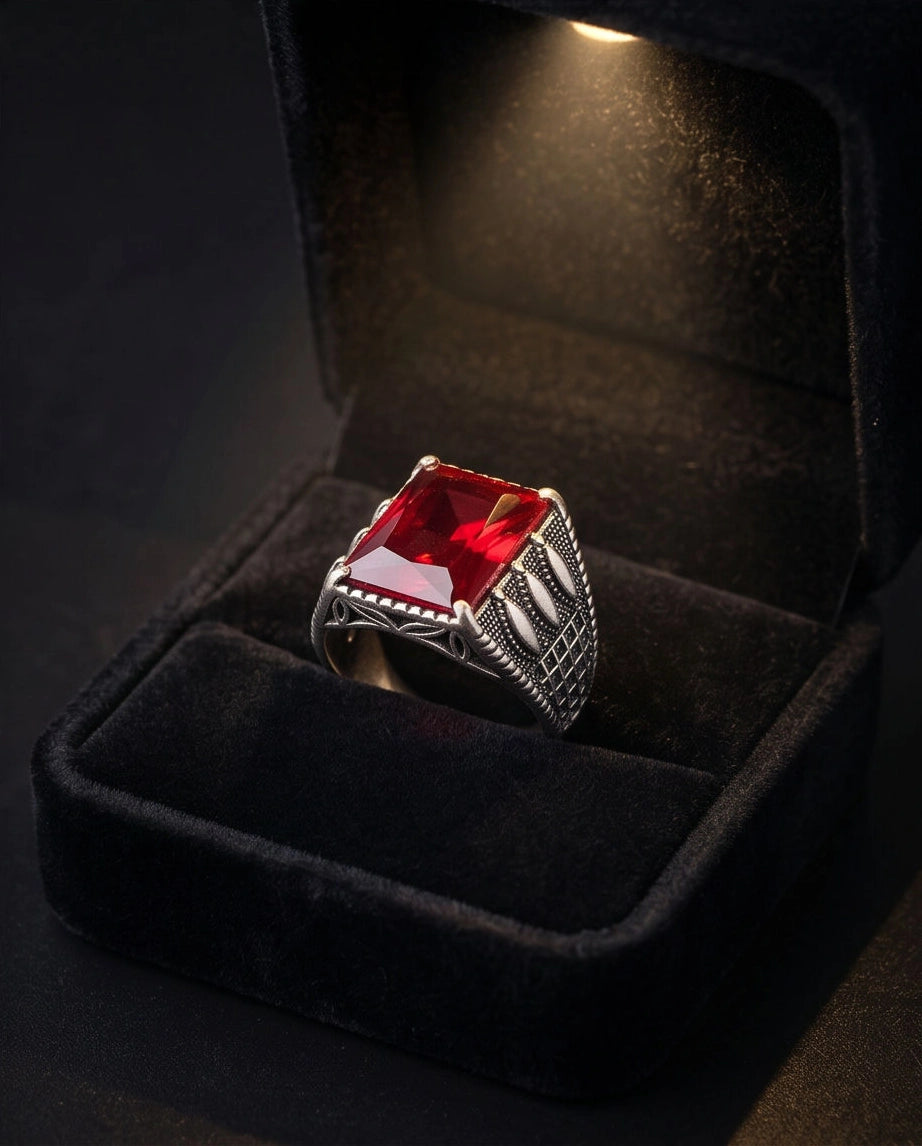 Oxidized Silver Emerald-Cut Garnet Textured Signet Ring