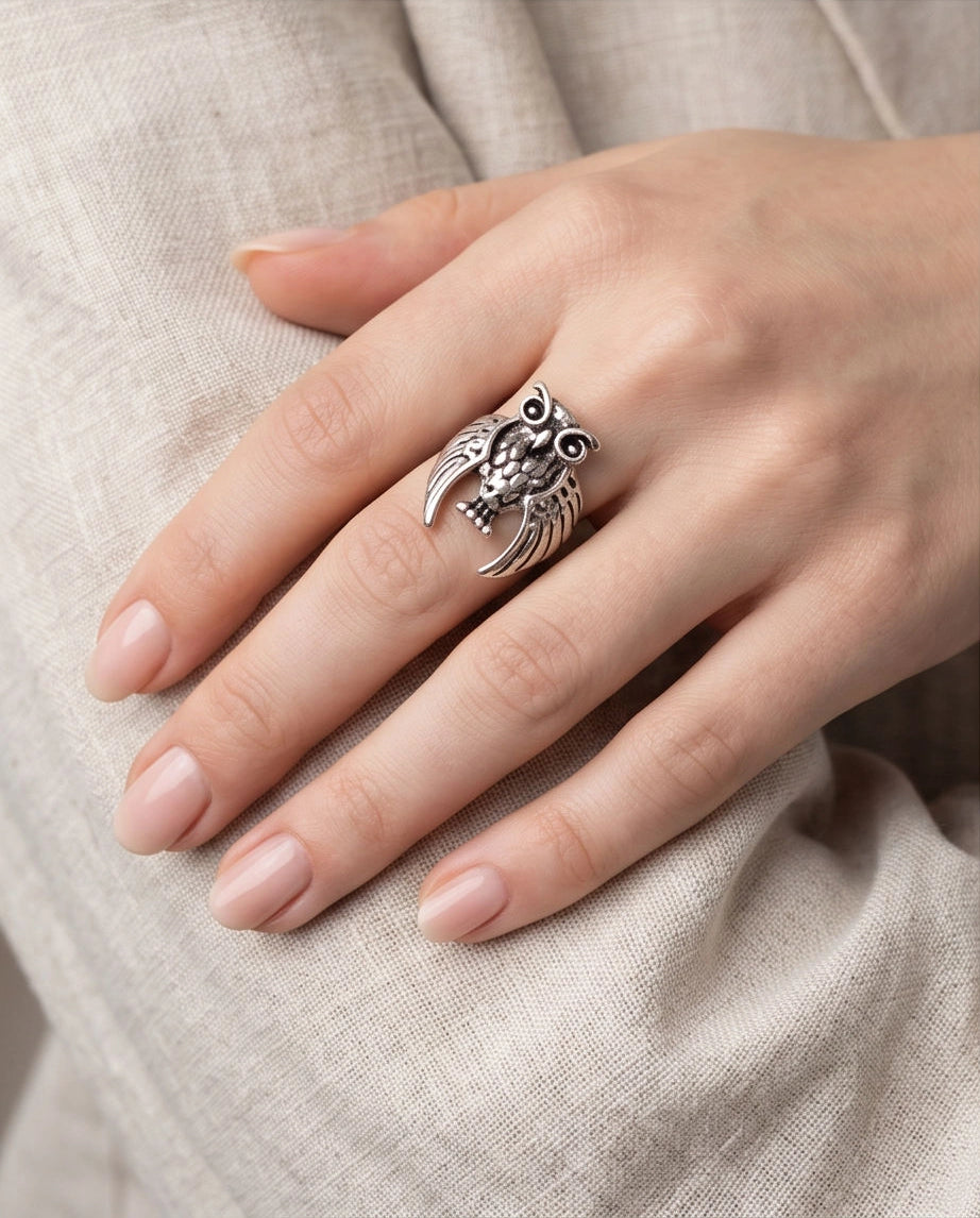 Oxidized Silver Sculpted Owl Statement Ring
