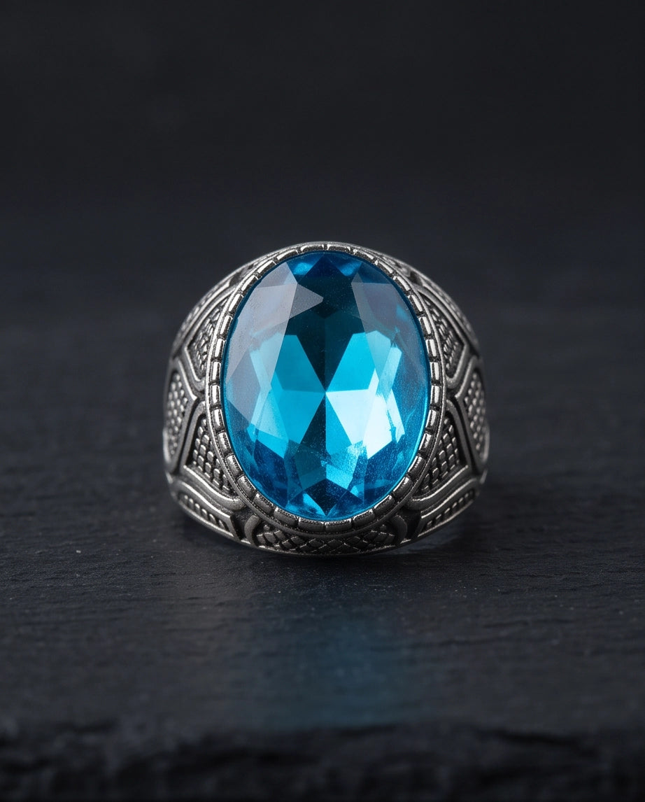Aquamarine Gemstone Beaded Bezel Lattice Silver Ring