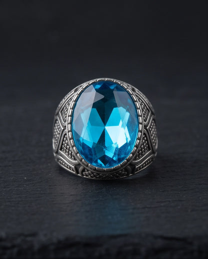 Aquamarine Gemstone Beaded Bezel Lattice Silver Ring