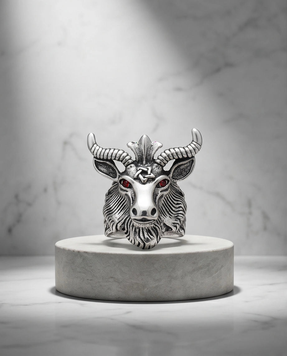 Red-Eyed Sculpted Baphomet Ram Ring