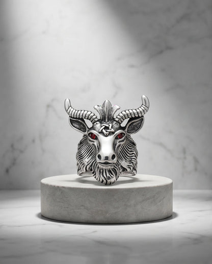 Red-Eyed Sculpted Baphomet Ram Ring