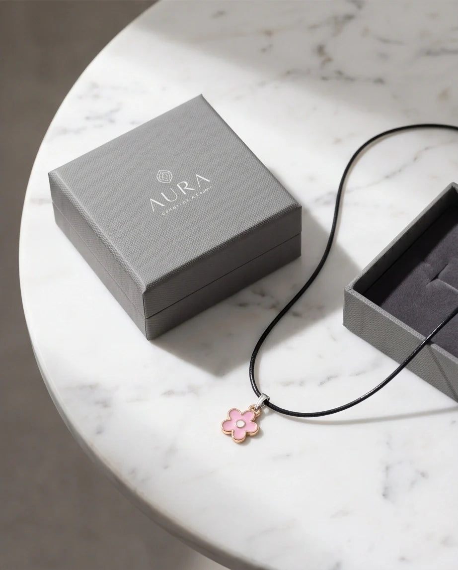Dainty Pink Five-Petal Flower Enamel Pendant Necklace