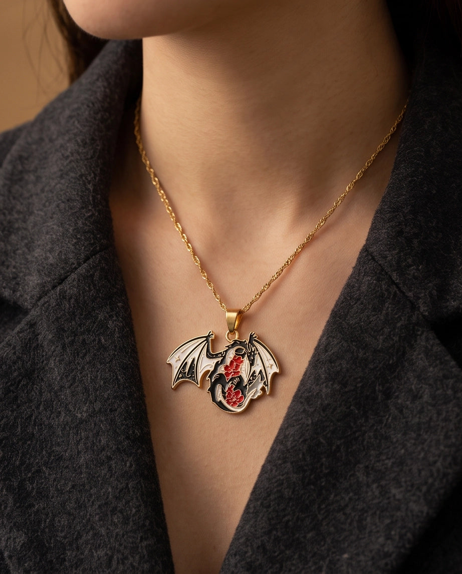 Gold Floral Dragon Black & White Enamel Pendant Necklace