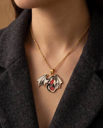 Gold Floral Dragon Black & White Enamel Pendant Necklace