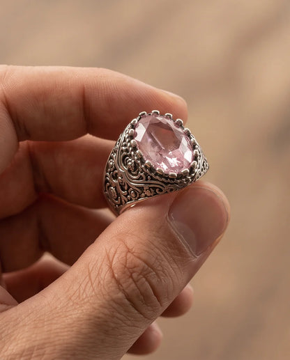 Morganite Gemstone Notched Bezel Scrollwork Silver Ring