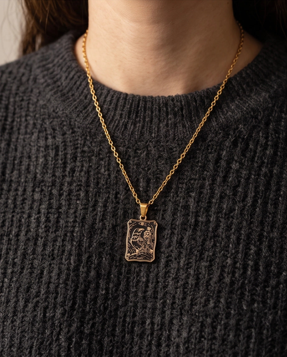 Gold "Death" Raven Tarot Card Pendant Necklace