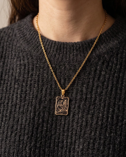 Gold "Death" Raven Tarot Card Pendant Necklace