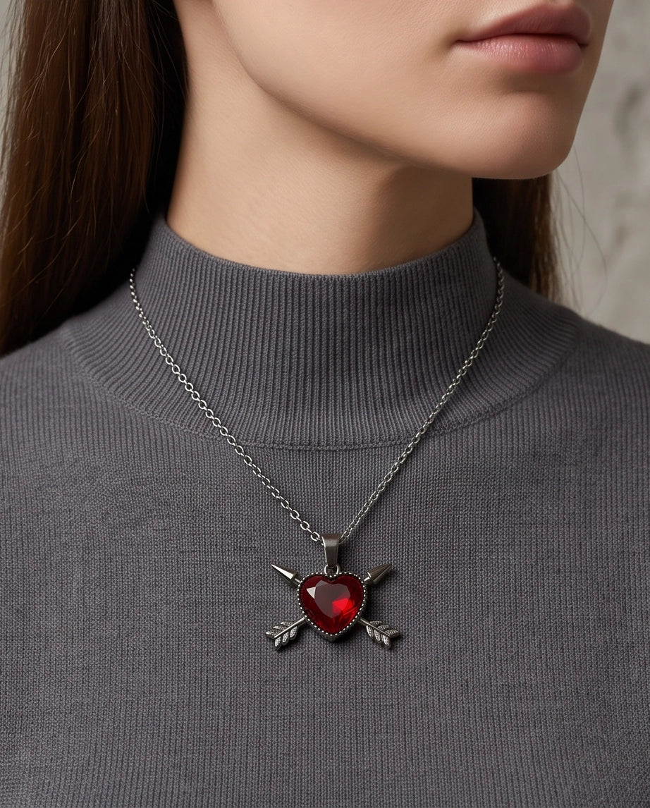 Silver Crossed Arrows Red Heart Gem Pendant Necklace