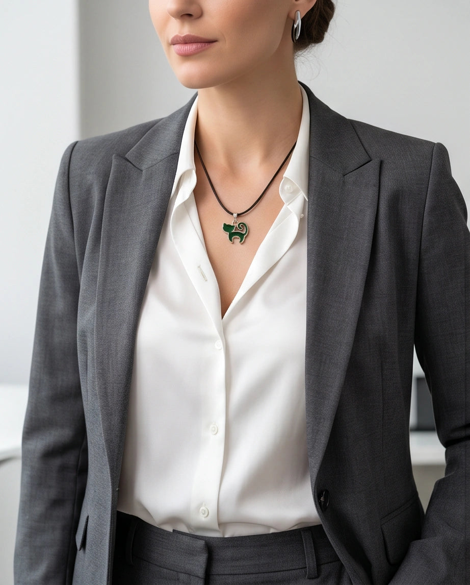 Gold and Green Cat Pendant Necklace