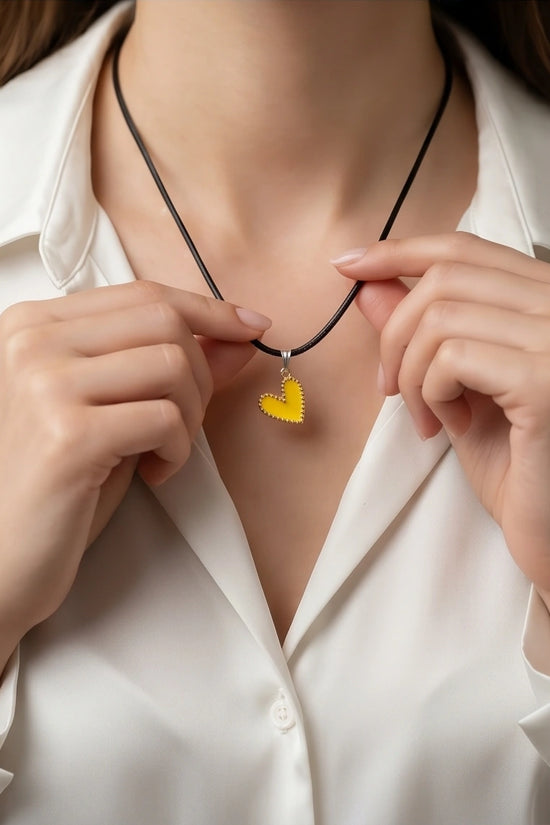 Vibrant Yellow Beaded-Edge Heart Enamel Pendant Necklace
