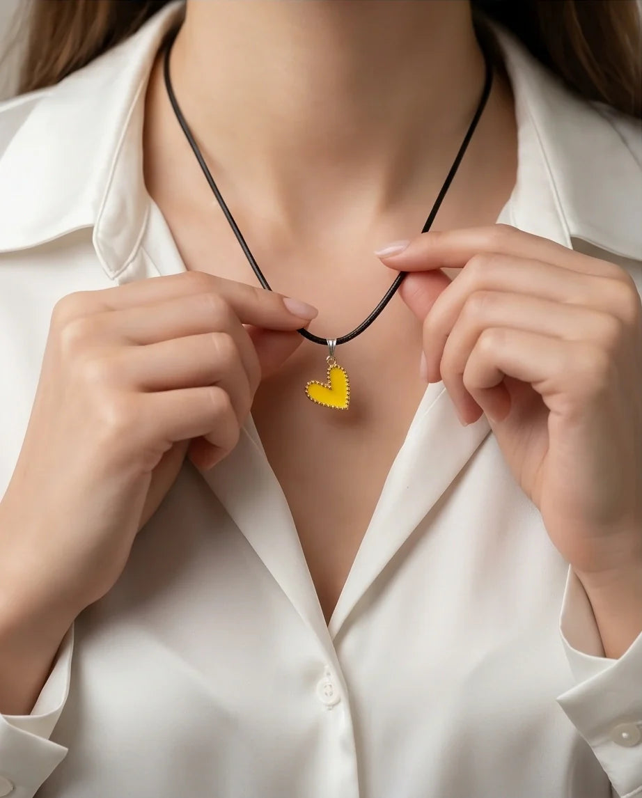 Vibrant Yellow Beaded-Edge Heart Enamel Pendant Necklace