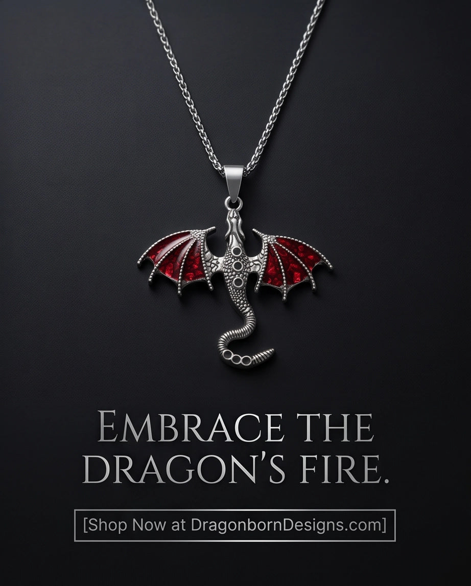 Silver Red Enamel Dragon Wyvern Pendant Necklace