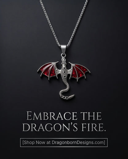 Silver Red Enamel Dragon Wyvern Pendant Necklace