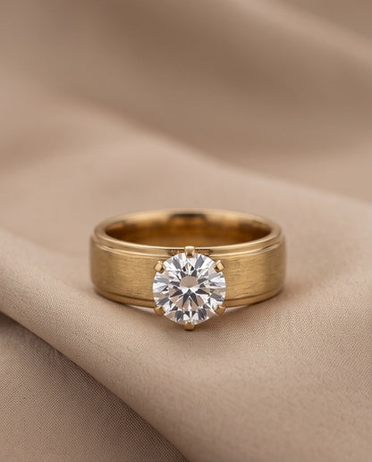 Gold Round Gemstone Brushed Solitaire Ring